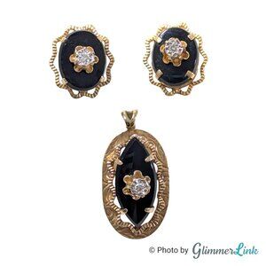 Vintage 1950s Curtis DCE Gold Filled Onyx Diamond Accent Pendant & Earrings Set